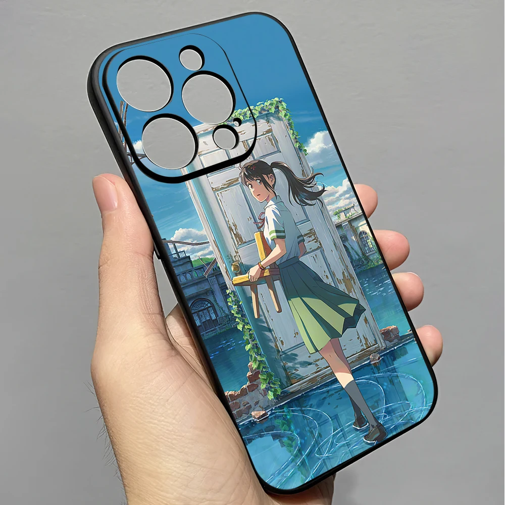 Anime S-Suzume Phone Case for iPhone 12 11 13 14 15 16 Max Pro Plus Black Soft Silicone Cover