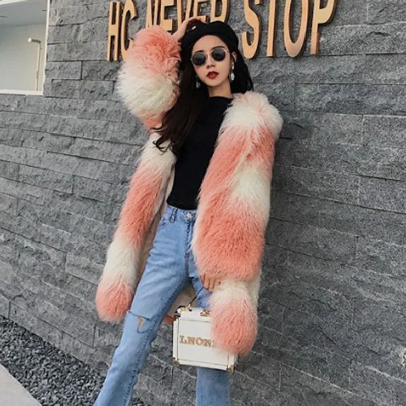 Fashion Female Beach Wool Real Fur Coat New Winter Casual Thicken Warm Hooded Splicing Women Fur Coat High Quality Powder White