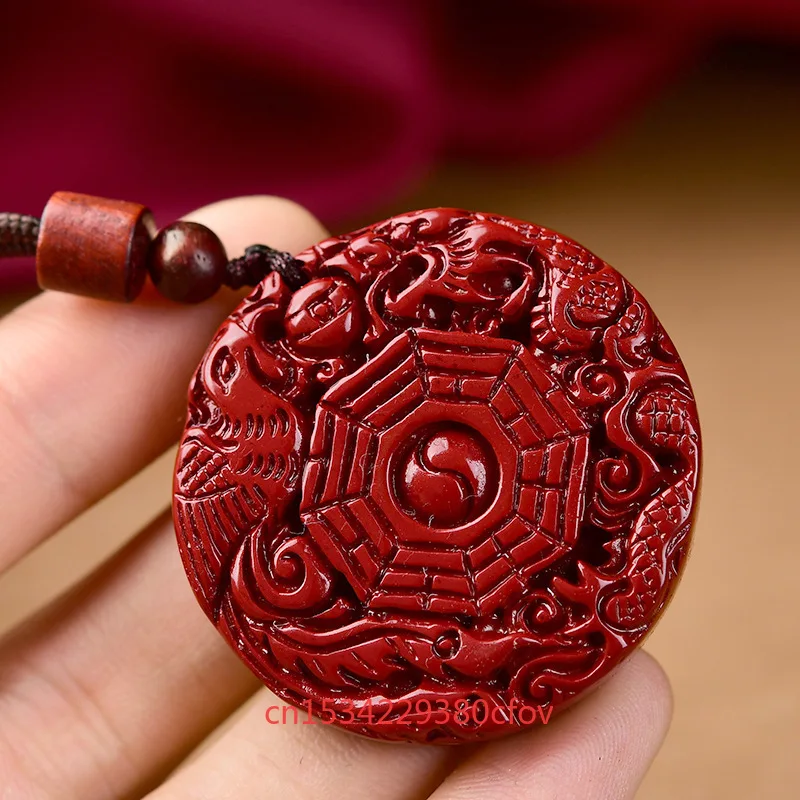 Роскошное красное киноварь Bagua кулон с драконом и фениксом ожерелье из