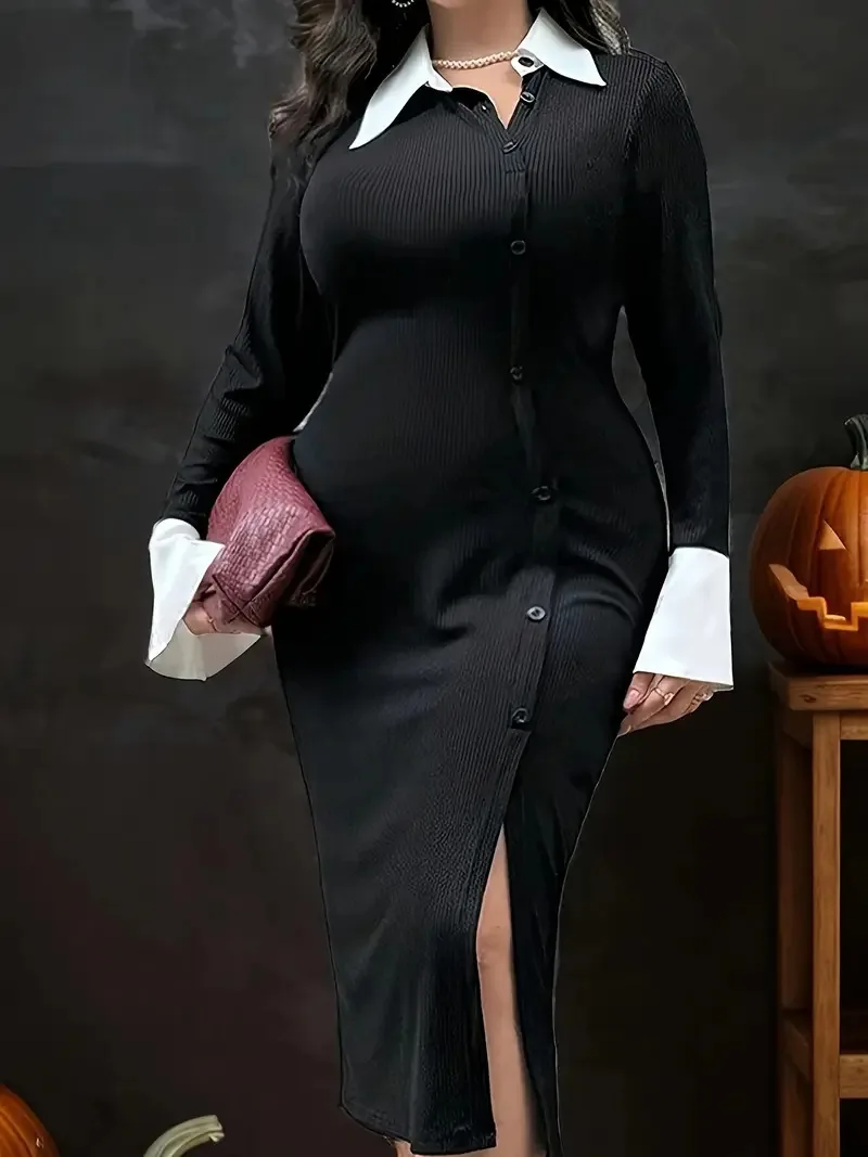 GIBSIE плюс размер черное платье на пуговицах в американском стиле с белым