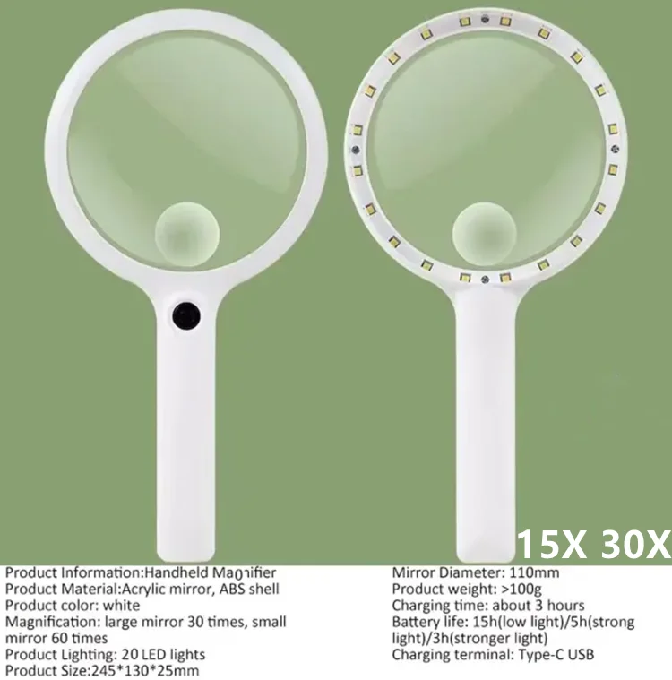 FUCHU Портативная ручная лупа 10X 15X 30X с подсветкой