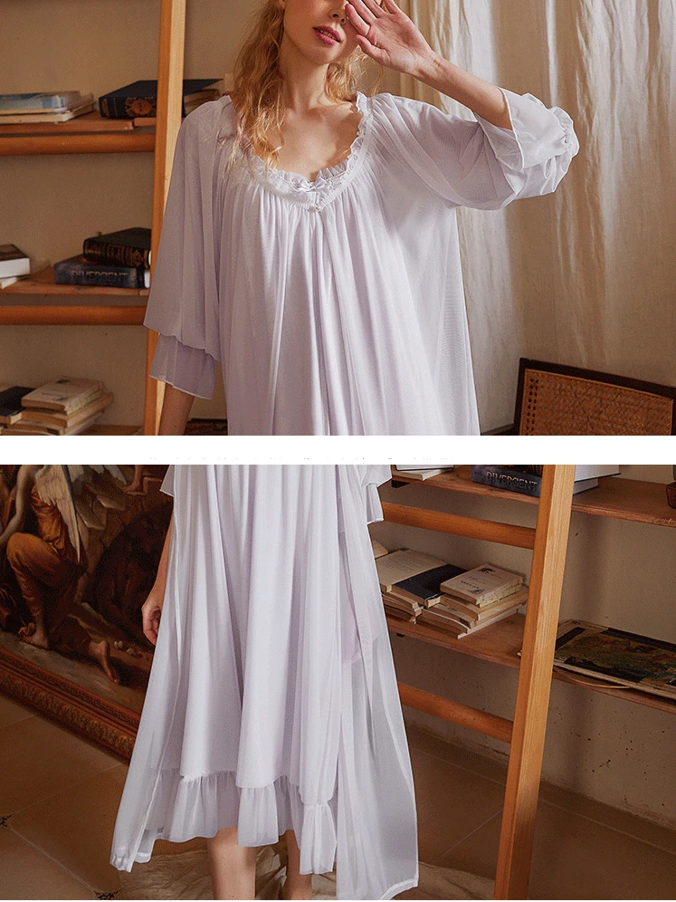 Women's Retro Court Style Elegant Gauze Stitching Slip Dress Outer Robe Two Piece Set Cotton Nightgowns Sleepshirts Sleepwear