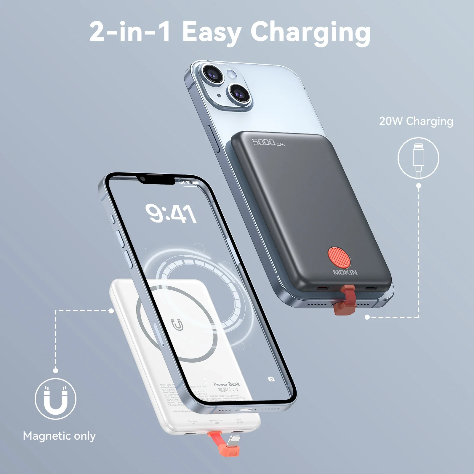 MOKiN 5000 мАч Магнитный портативный внешний аккумулятор для iPhone 20 Вт PD3.0 Зарядное