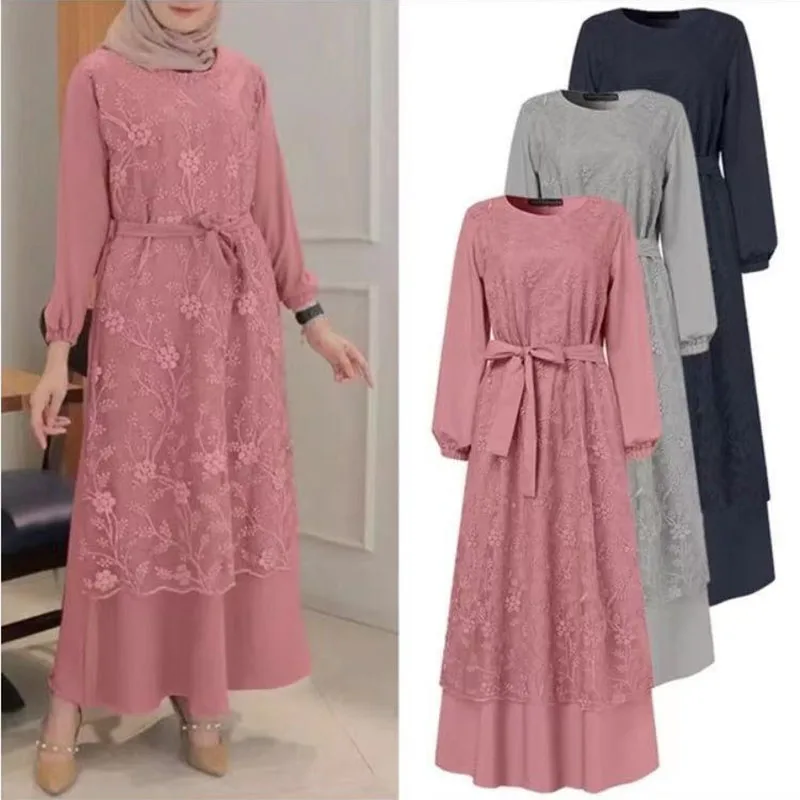 

New Islamic Young Lady Fashion Long Sleeves Fancy Maxi Dress With Buttons French Stylish Modesty Chiffon Dress With Belt