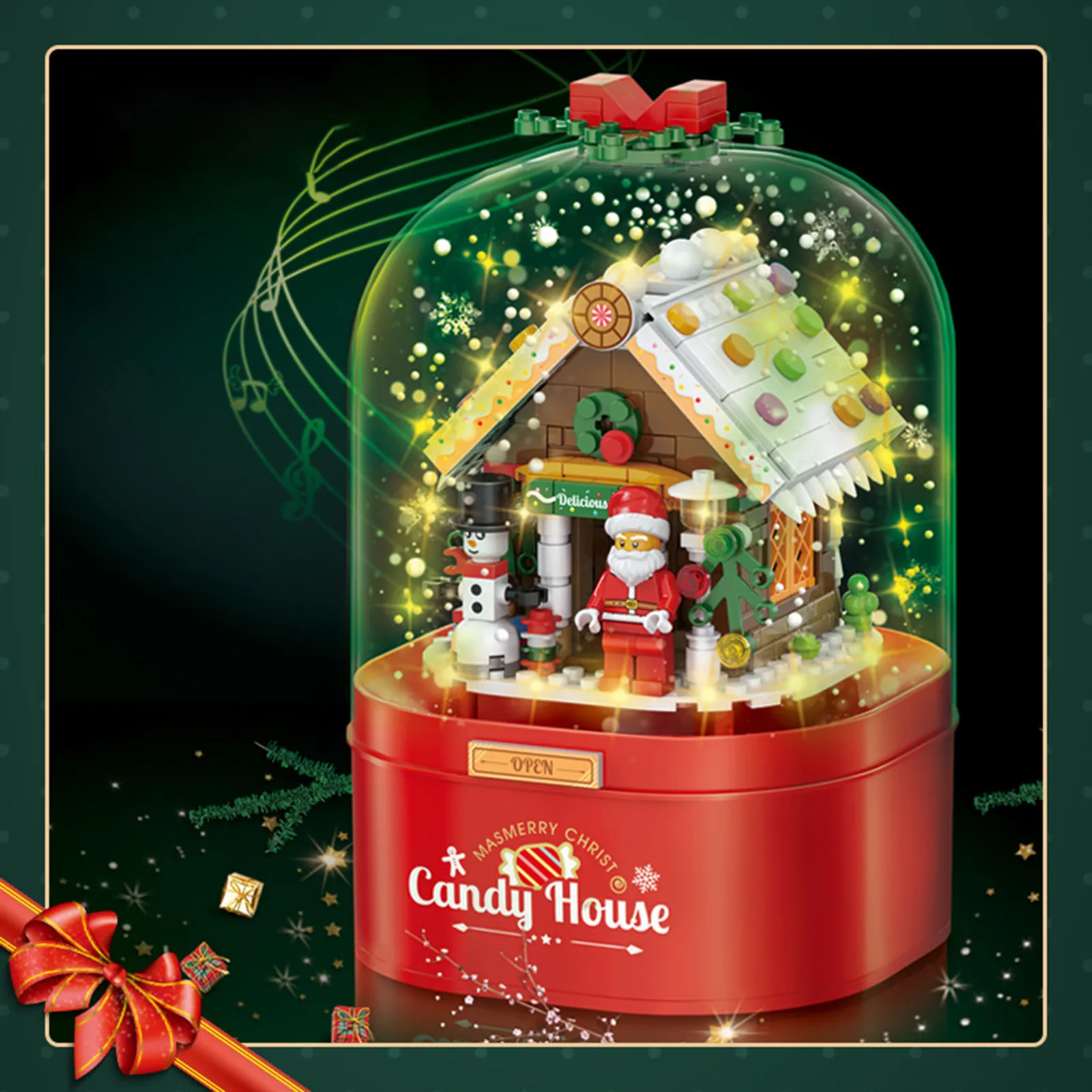 Kit de bloques de construcción de Navidad, caja de música de juguete, modelo de caja de música de Navidad, bloques de construcción, casa de dulces, iluminación, música de nieve