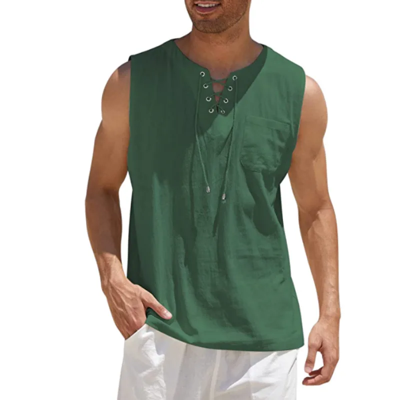 

Mens Cotton Linen Tank Tops Bind Casual Sleeveless Vest Tops Tees Loose Lace Up O-Neck Tops Streetwear Handsome Tops for Man