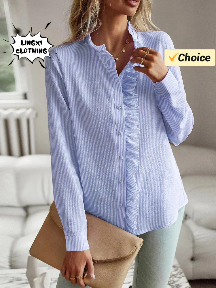 Женская Приталенная Полосатая Рубашка С Оборками Офисный Профессиональный Топ