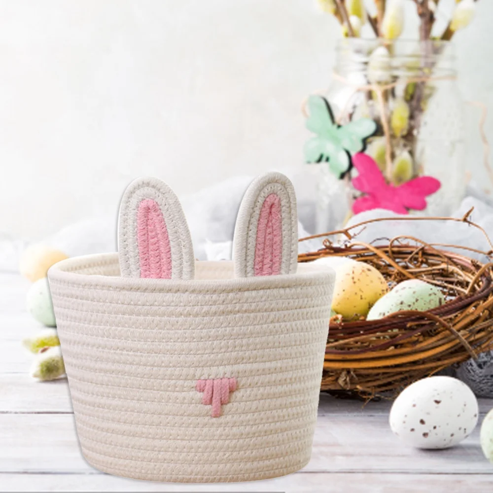 Useful Woven Style Cartoon Storage Basket for Kids Knitting Cute Cotton Rope Organizer for Home Office Small Items Bunny Ears