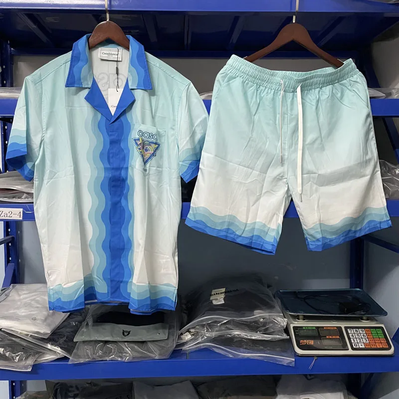 

Tennis Club Casablanca Oversized Shirts Men Women Casual Shorts Gradient Blue Hawaiian Shirts Suits