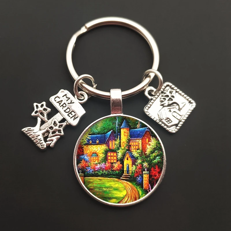 Новый брелок для ключей цветочного дома в стиле садового искусства, рисунок на стекле, цепочка для сумки, оберег для ювелирных изделий в подарок.