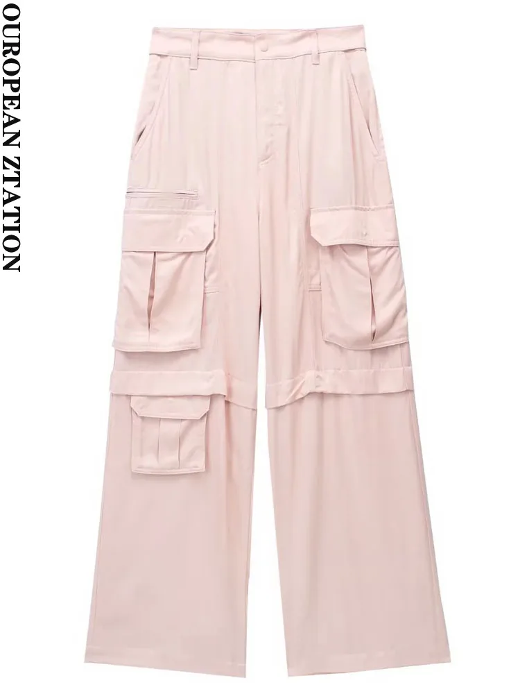 PAILETE Women 2023 fashion patch pockets satin cargo pants vintage mid-rise zipper fly female trousers mujer