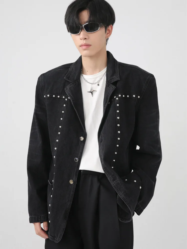 

SYUHGFA Men Clothing 2022 Autumn Rivet Denim Coat Korean Streetwear Fashion Denim Jacket Single Breast Loose Causal Jackets