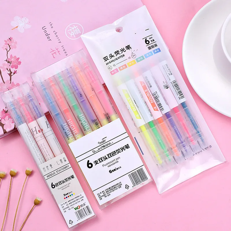 

3/6PCS/Set creative candy color double-headed highlighter round and oblique head watercolor markers stationery school supplies