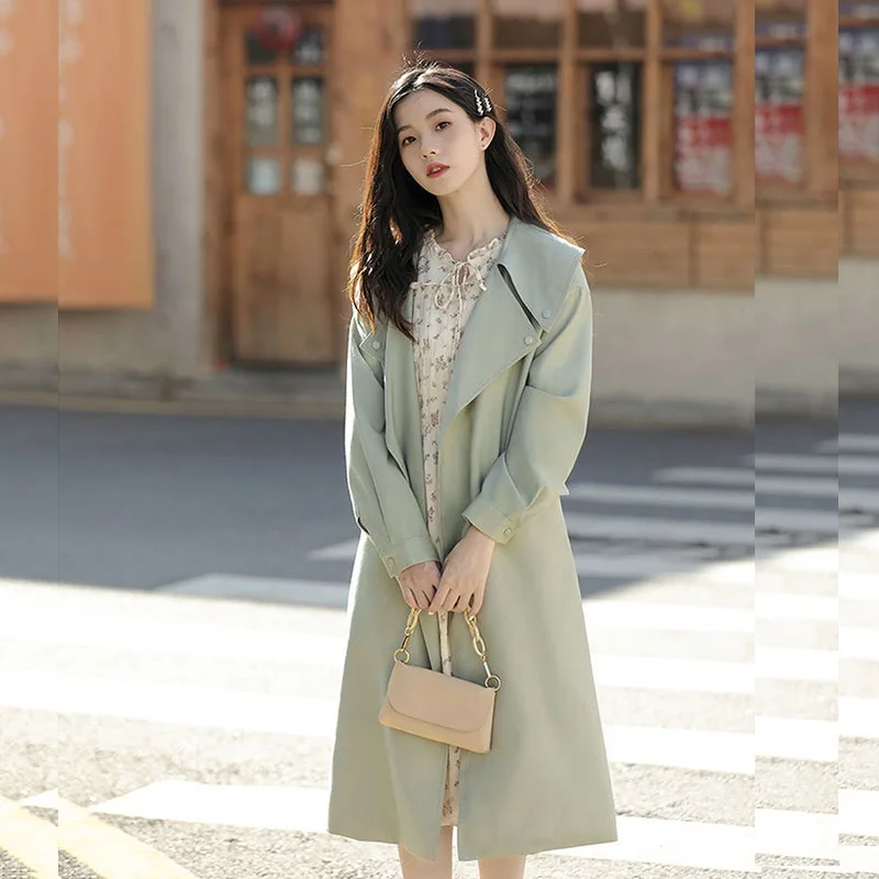 

Spring Autumn Women Mid-length Bean Green Trench Coat With Sashes Casual Long Sleeve Thin Windbreaker Elegant Ladies Moda Mujer