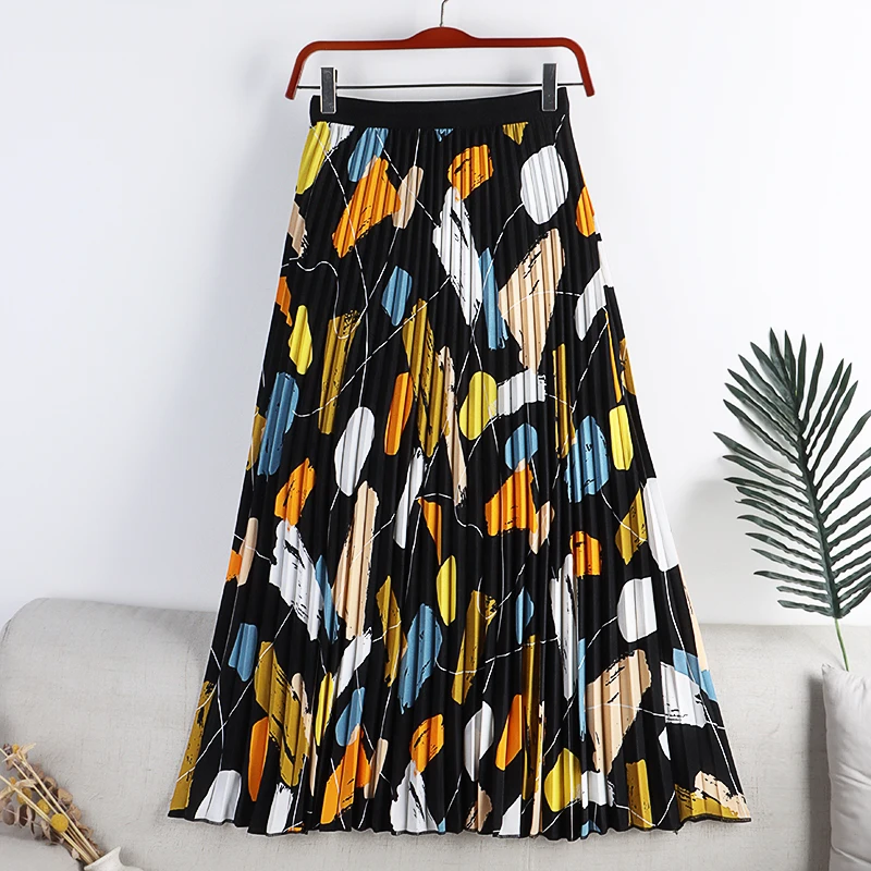 2022 Summer Fashion New Ladies High Waist Oil Painting Style Printed Pleated Mid-length A-line Skirt enlarge
