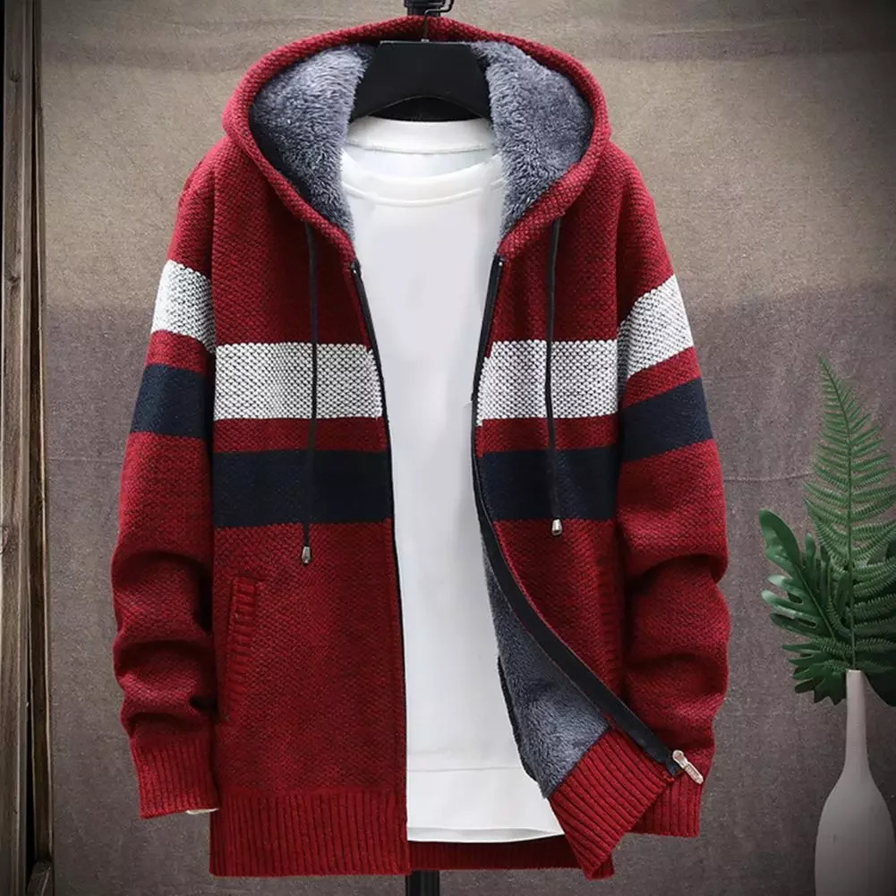 

New2022 Hot Sale New Men Hooded Coat Color Block Knitted Autumn Winter Thicken Plush Warm Cardigan Sweater for Office