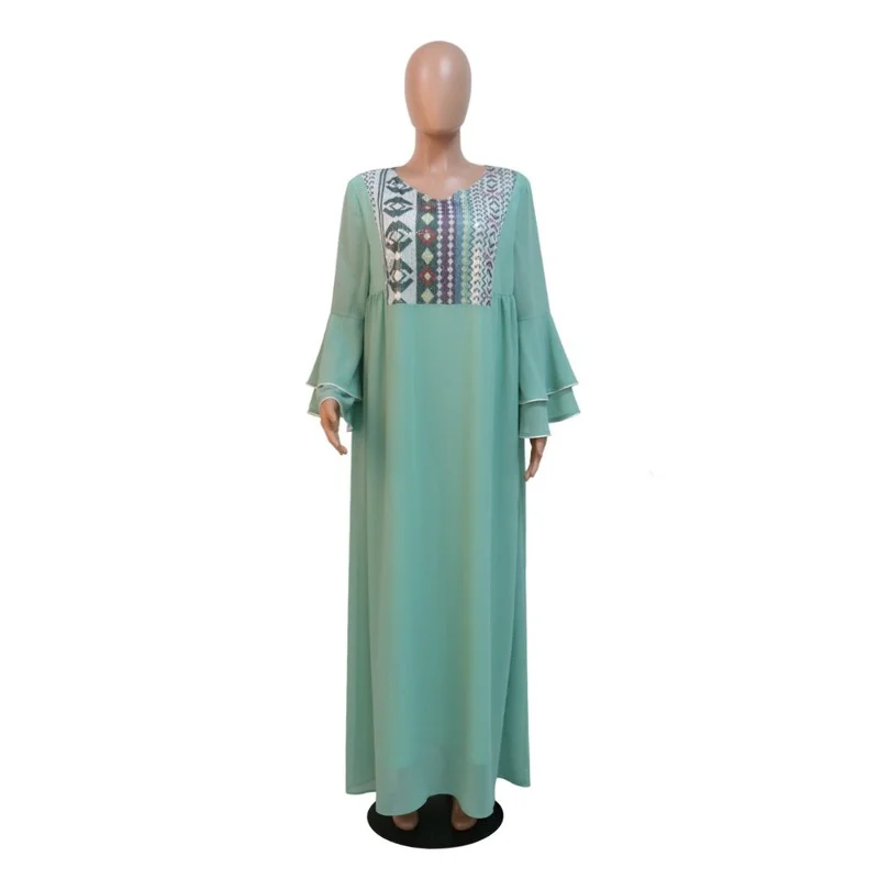Sequins Abaya Arabic Long Dress Women Chiffon Flared Cuff Loose Muslim Moroccan Kaftan Gulf Saudi Jalabiya Dubai Abayas Green