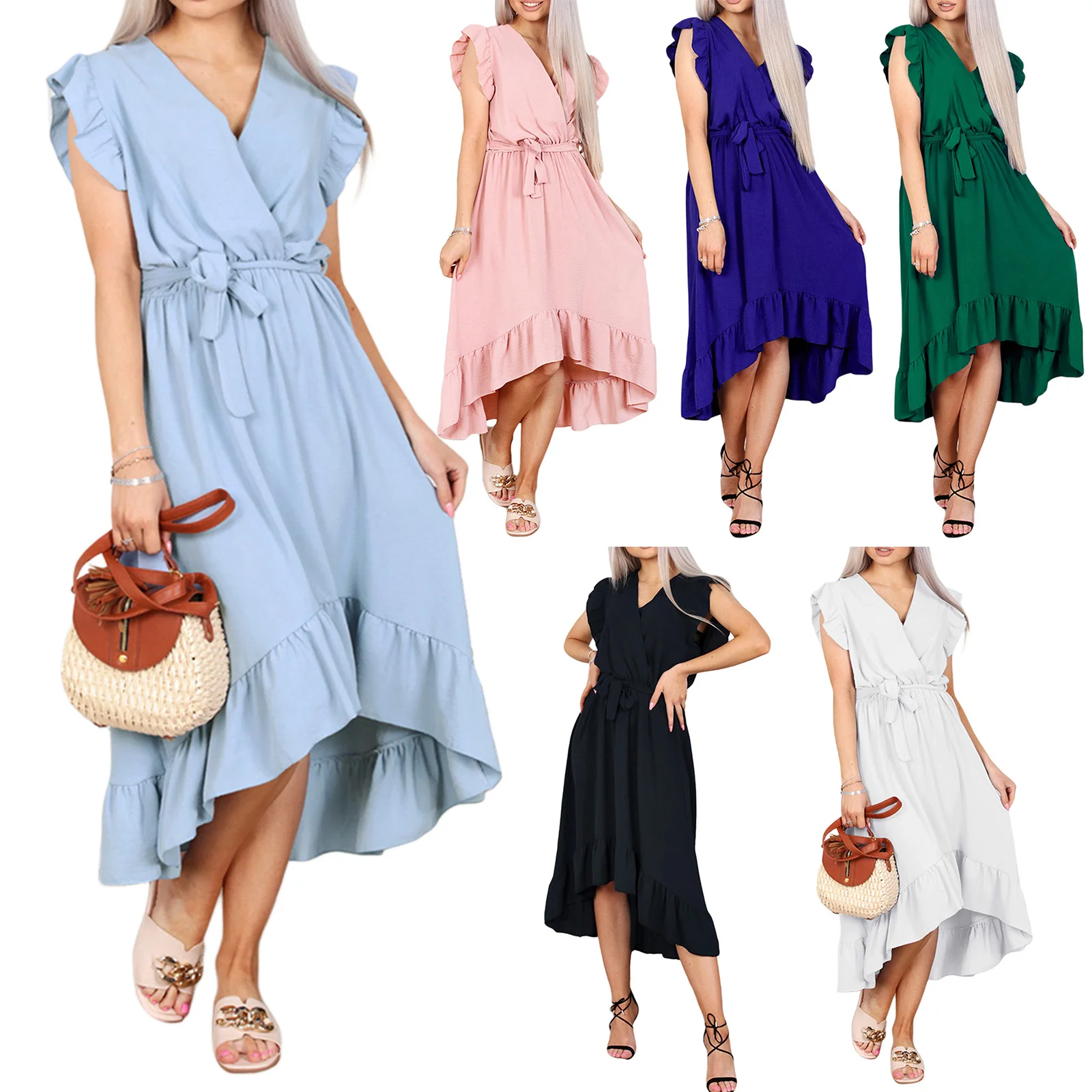 

Женское шифоновое платье без рукавов, с V-образным вырезом и оборками