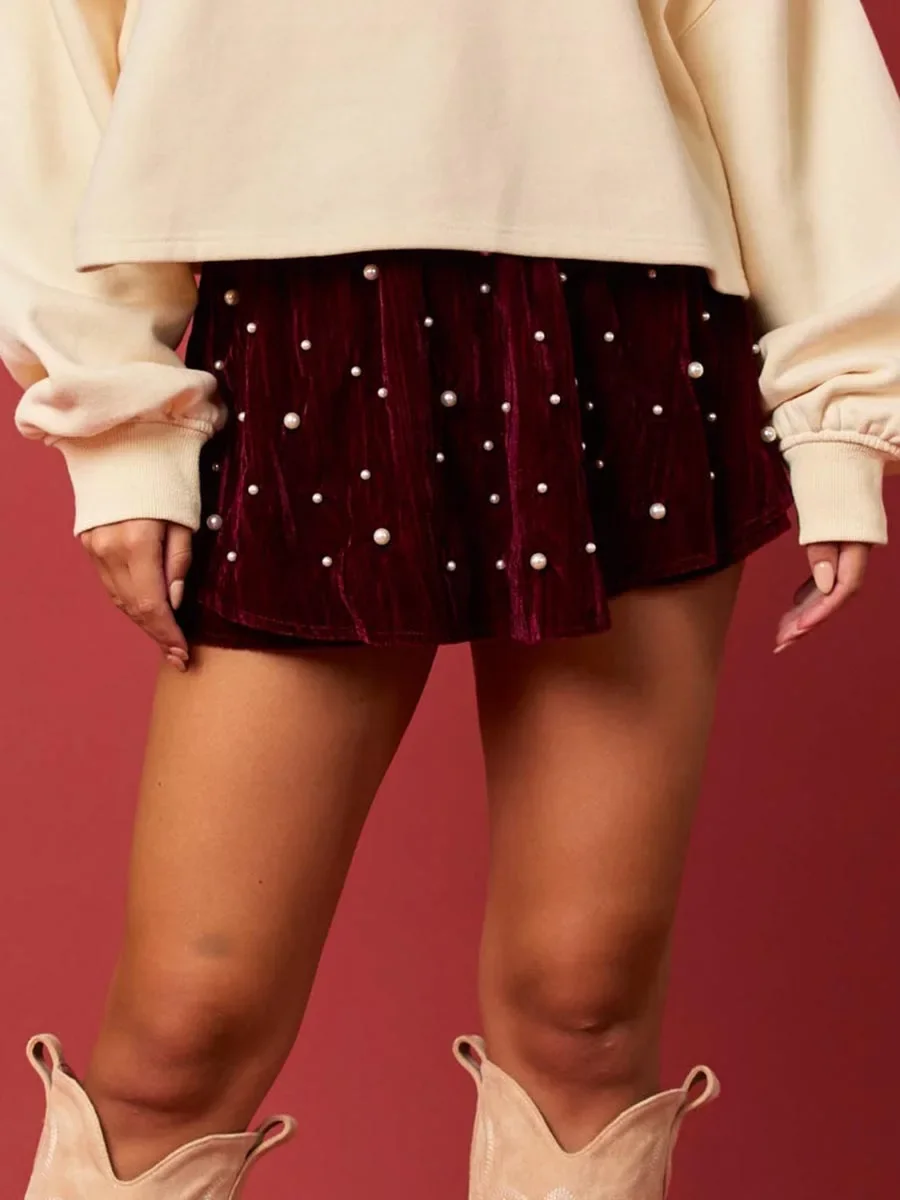 2024 Winter Women’s Velvet Skirts Skorts Fashion Female Elastic High Waist Pearl Studded Skirt Shorts Christmas Party