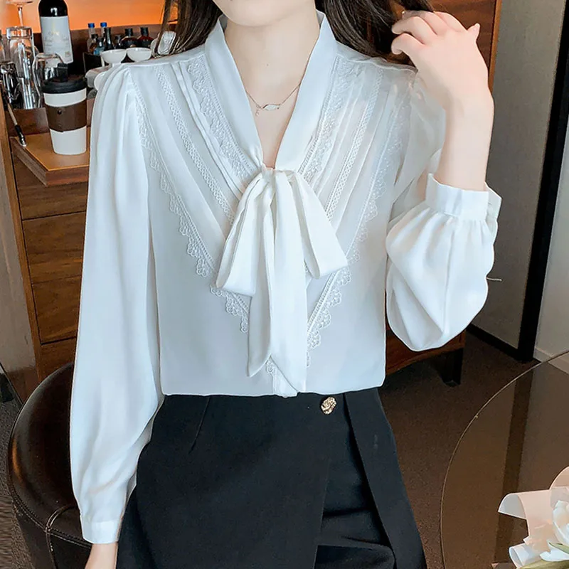 Новая белая женская рубашка с бантом и воротником шифоновая длинным рукавом