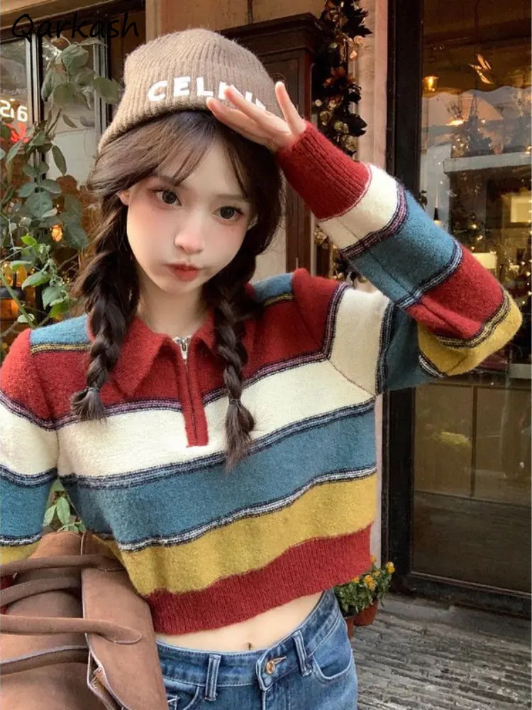 

Пуловеры женские осенние полосатые корейские модные милые студенческие укороченные женские универсальные вязаные свитера в стиле преппи для девушек