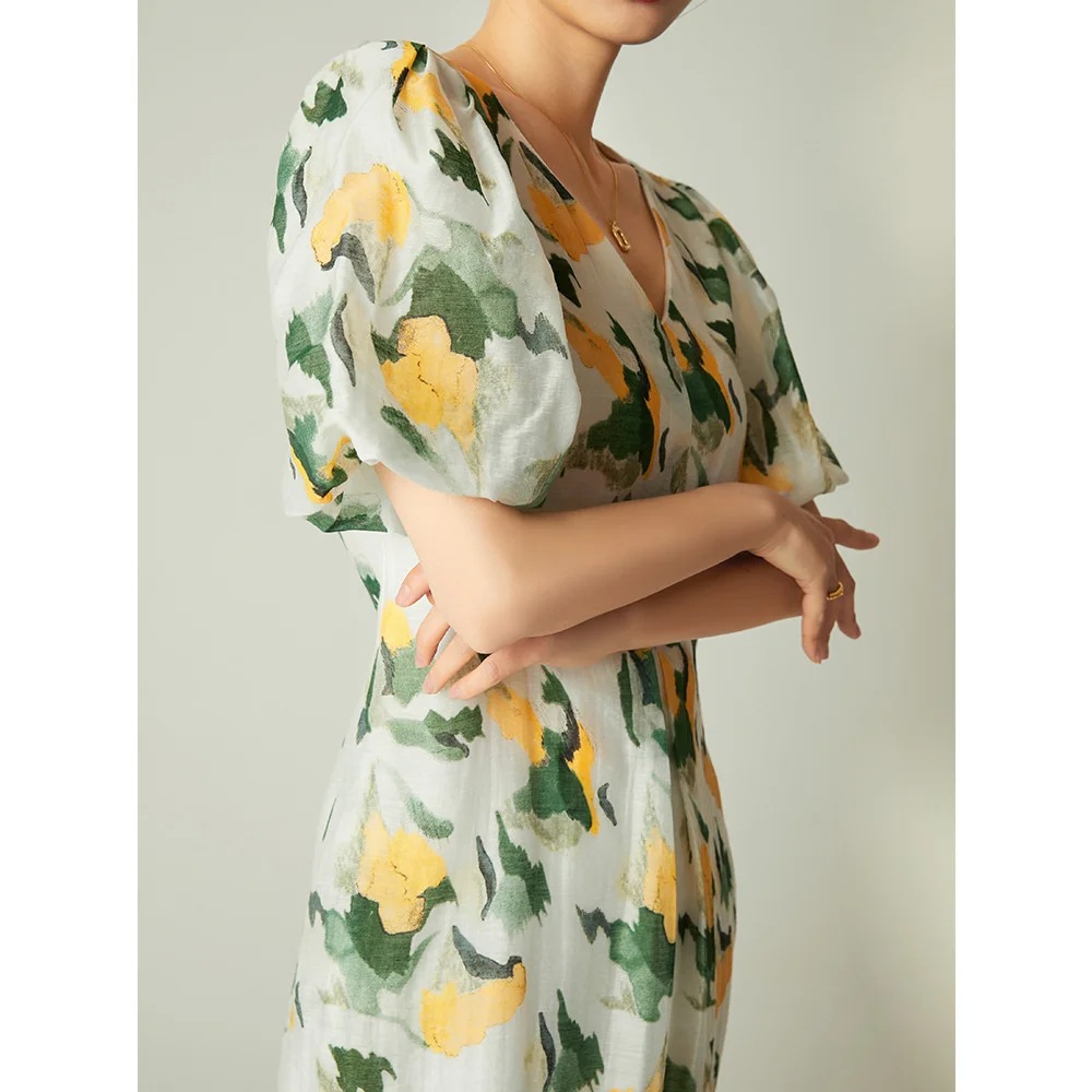 

Лидер продаж шелковое платье, новинка весны и лета 2023, французское платье с двойным V-образным вырезом и рукавами-фонариками для женщин, тонкое и облегающее платье с принтом