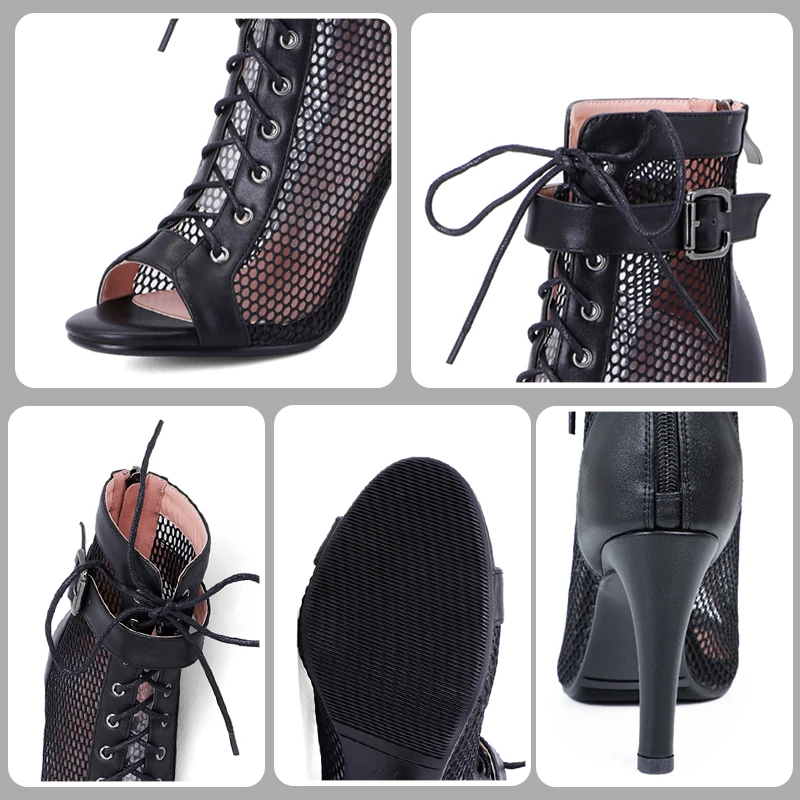 SWDZM Women's Short Boots Mesh Cool Net Boots Fish Mouth Big Size Thin Heel Latin Jazz Dance Shoes High Heel 7cm-9.5CM Ballroom