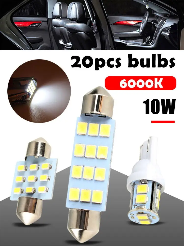 

20PCS LED Interior Light Bulb Kit T10 31mm 42mm Bulb 12V Car Trunk Dome Light 6000K White License Plate Light Auto Reading Lamp
