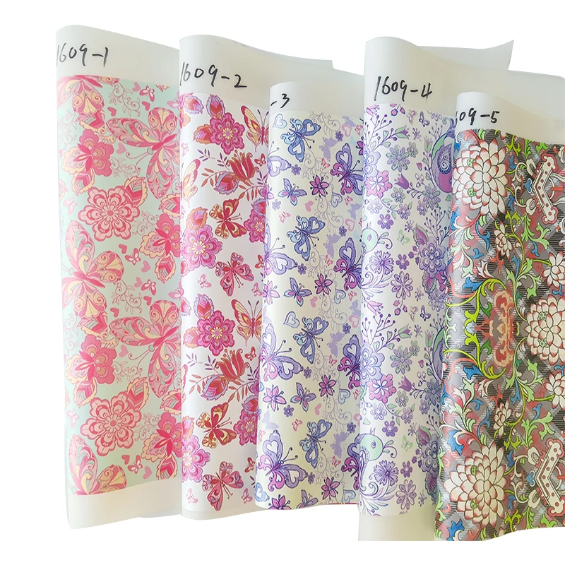 

Jelly Faux Leather Roll Flower Printed TPU Fabric Sheets for for bows Shoes Handbags Totes Upholstery Home Decor DIY Projects