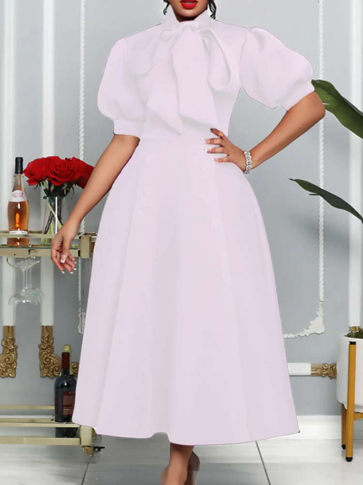 Large size women's summer new bow celebrity solid color banquet dress skirt short sleeve plus size dresses