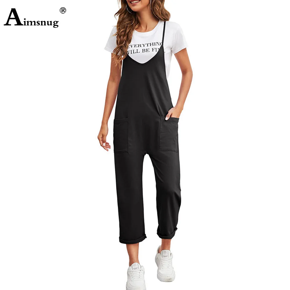 2023 European Style Casual Pocket Design Jumpsuit Women Spaghetti Strap Overalls Female Ankle-Length Pants Solid Onesie Bodysuit