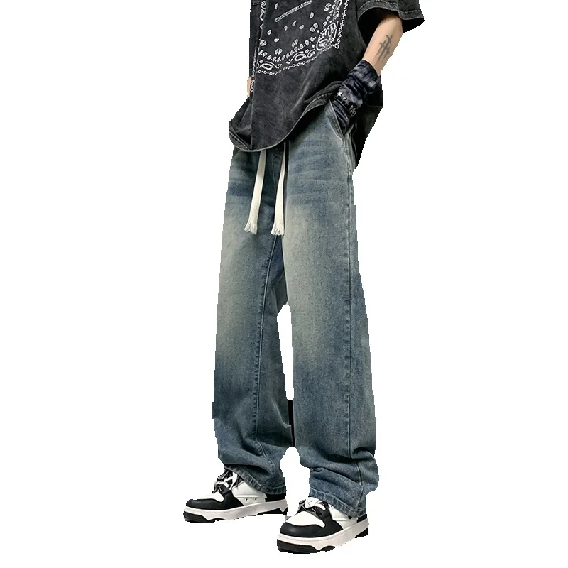4-color Drawstring Baggy Jeans Men Fashion Retro Straight Jeans Men Japanese Streetwear Hip-hop Loose Denim Pants Mens Trousers