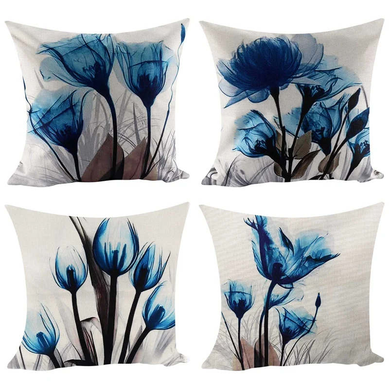 

Decorative Throw Pillow Covers Blue Flower Cushion Covers Linen Square Throw Pillow Cases For Living Room Pillowcases