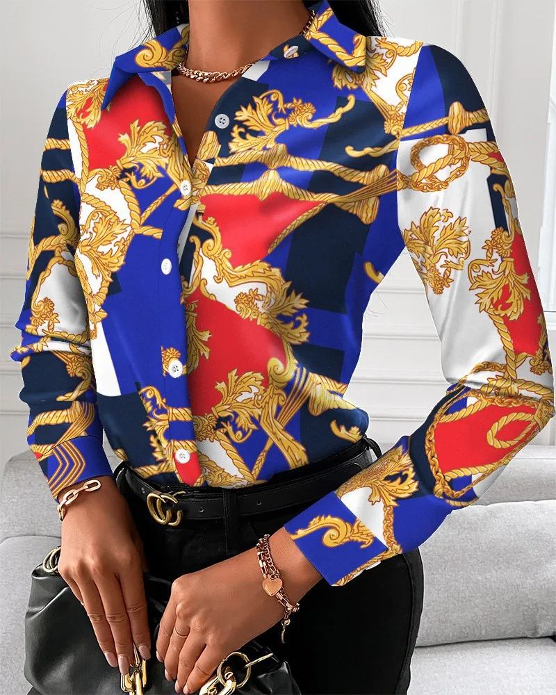 

Spring Summer Printed Shirt Long Sleeve V-neck Buttons Blouse Elegant Office Ladies Loose Casual Tops 2022 Women's Clothing