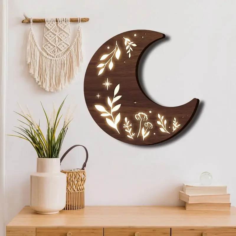 

30cm Bohemian Moon Lamp Wooden Art Wall Decoration Hanging Eid Al-Fitr Moon Light For Bedroom Living Room Home Decor 2023
