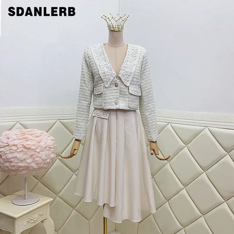 

Женская короткая куртка в Корейском стиле, однотонная куртка с бисером и юбка средней длины, элегантный костюм-двойка, Новинка осени 2021