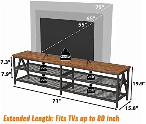 

Stand for 75 80 inch TV, Long 71" Entertainment Center, Industrial TV Console Table with 3 Tiers Open Storage Shelves, Low M