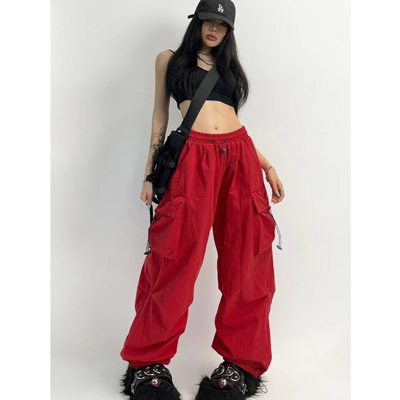 

Autumn New Women's Pants Elastic Waist Straight Baggy Red Overalls Streetwear Oversized Hip Hop Style Vintage Wide Leg Trouser