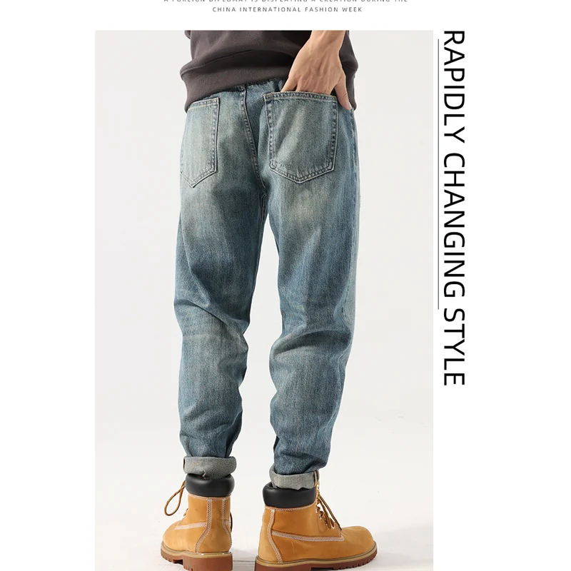 Streetwear Men 2022 New Pattern Vintage Loose Blue Haren Pants Fashion Small Straight Cylinder Jeans Autumn and Winter Female