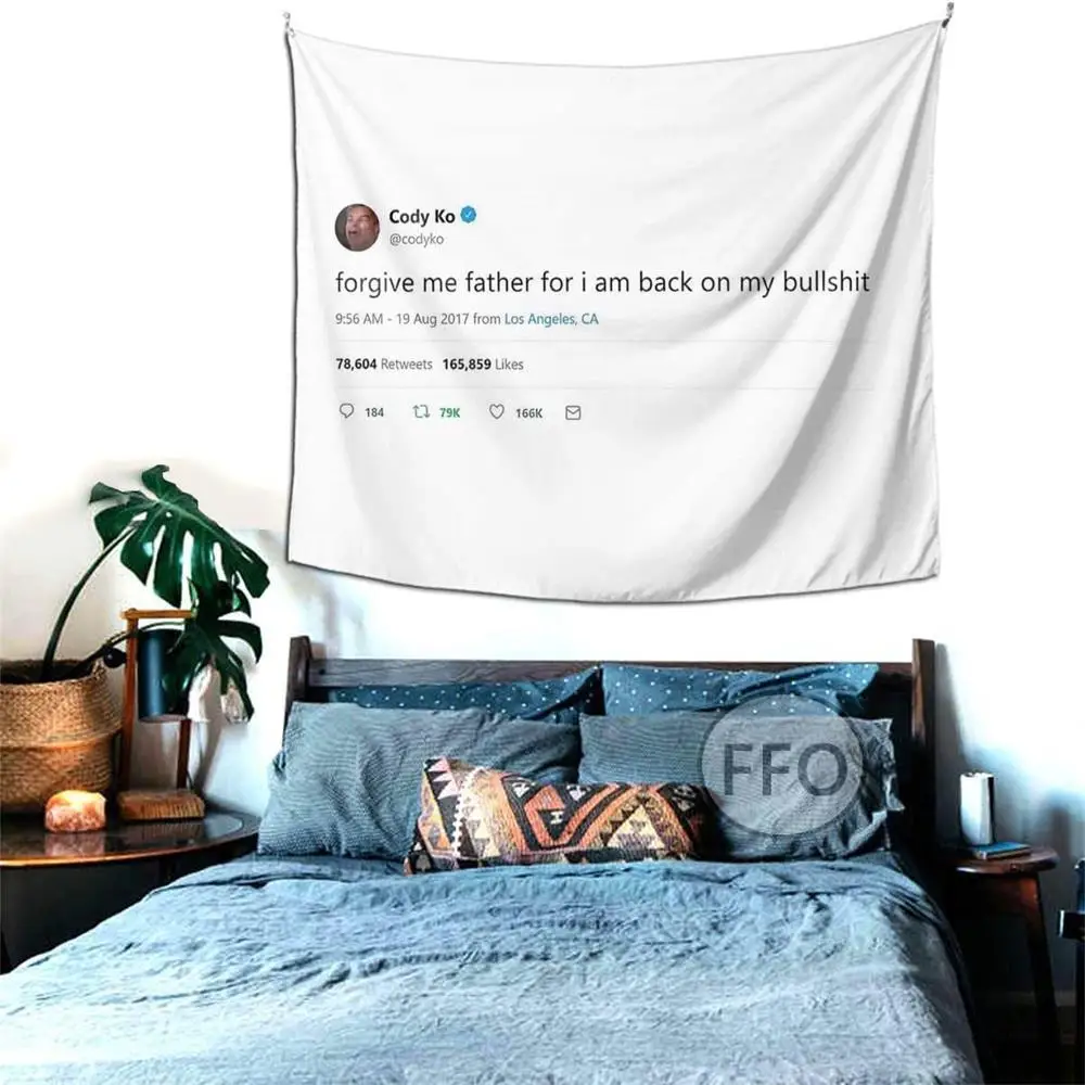 

Cody Ko Tweet Tapestry Wall Hanging Forgive Me Father For I Am Back On My Bullshit Flag Room Decor Tapestry Blankets Yoga Mat