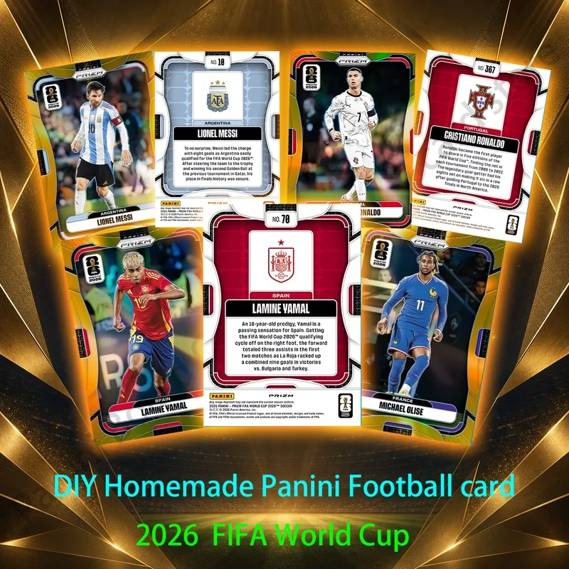 Фото Коллекционные карточки DIY Panini Homemade Football серии FIFA World Cup Prizm: Джуд Беллингем, Месси, Ямал, Роналду, Мбаппе, Педри №1