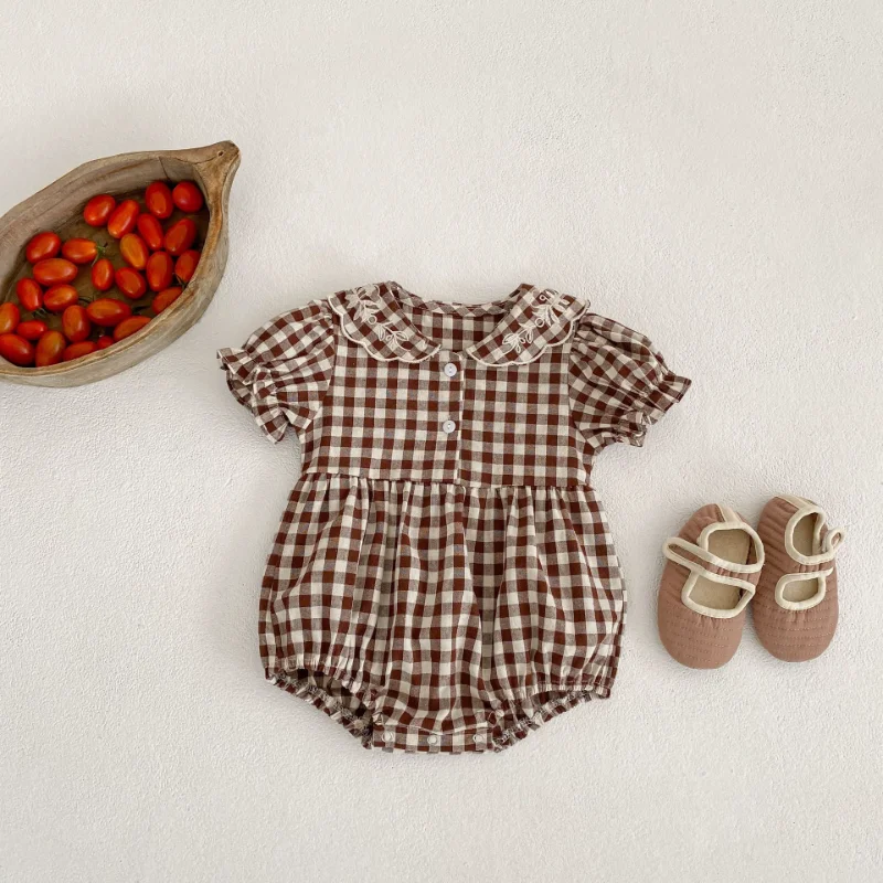 

Летние клетчатые боди для маленьких девочек с вышитыми рукавами-фонариками