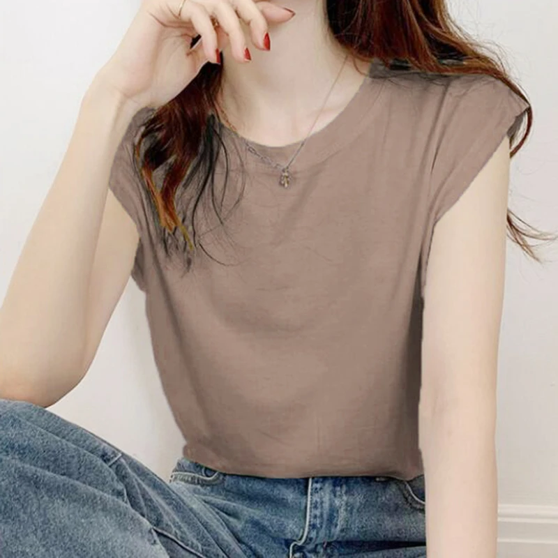 

Летний топ без рукавов, женские белые топы с круглым вырезом, женские свободные сплошная шикарная Повседневная футболка, Базовые Женские то...