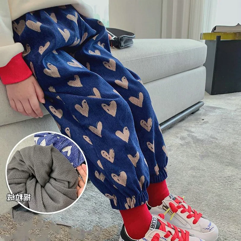 

Детские брюки вельветовые повседневные штаны для весны и осени 2022, свободные брюки с эластичным поясом и сердечком, прямые брюки для девоче...