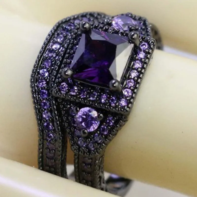 

Milangirl Fashion Jewelry Princess Cut Purple Zircon Stone Black Filled Wedding Ring Set Anniversary