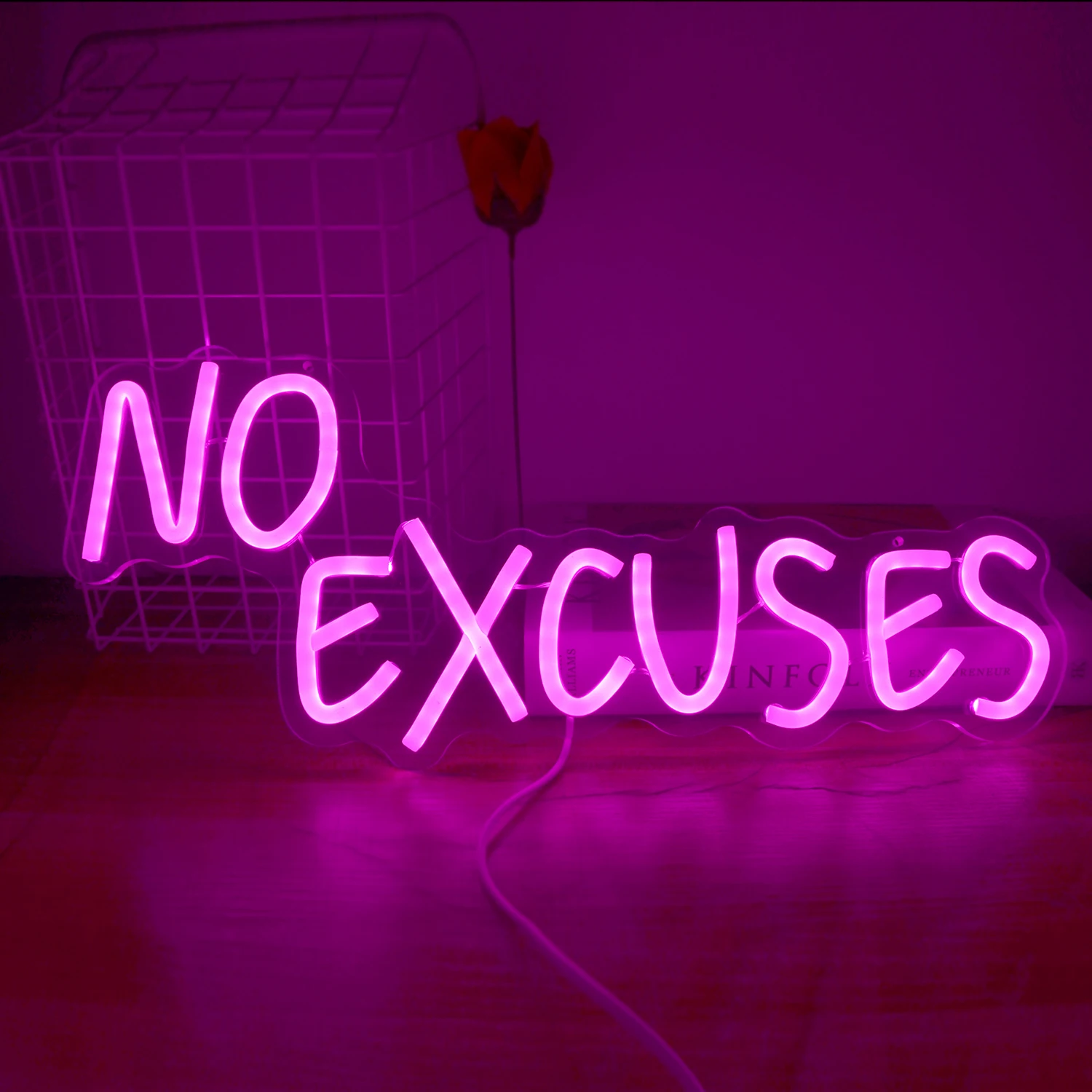 No Excuses Neon Sign Pink Inspirational LED Light Motivational Dimmable Wall Art Decor Neon Gym Accessories Sign Bright Word LED