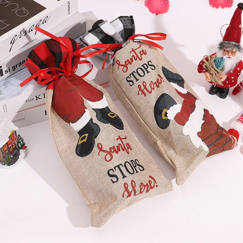 

Christmas Wine Bottle Covers Linen Plaid Snowflake Santa Claus Red Wine Bottle Set Bottle Bags,Xmas Party Dinner Table Decors