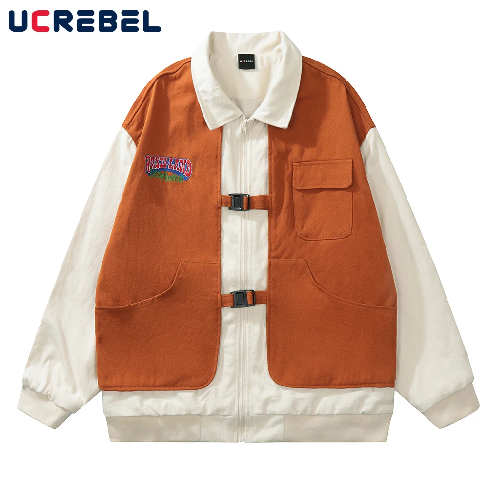 

Contrast Paneled Baseball Jacket Mens Streetwear Fake Two Pieces Outerwear Autumn High Street Pocket Casual Baseball Uniform Men