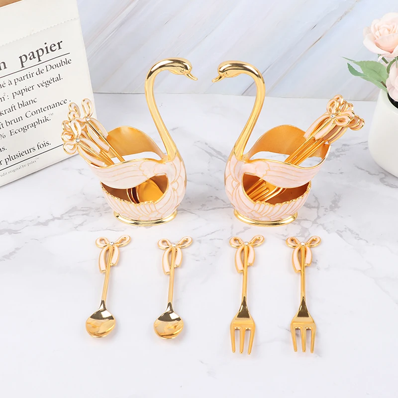 Набор золотых кофейных десертных ложек подставка под лебедь 6 для мороженого