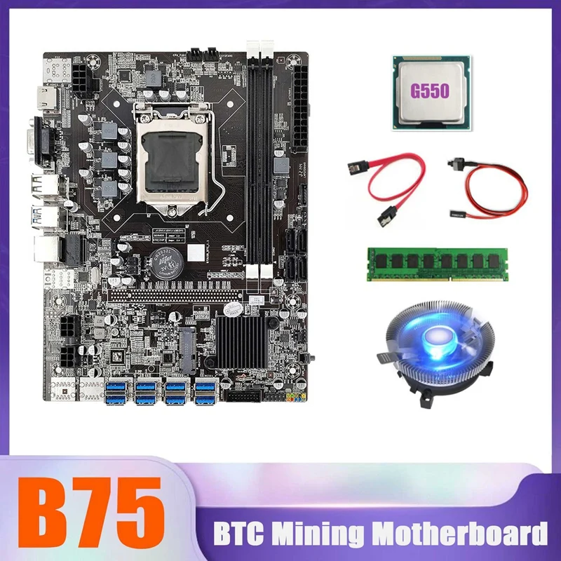 

B75 BTC Miner Motherboard 8XUSB+G550 CPU+DDR3 4G 1600Mhz RAM+CPU Cooling Fan+SATA Cable+Switch Cable B75 USB Motherboard